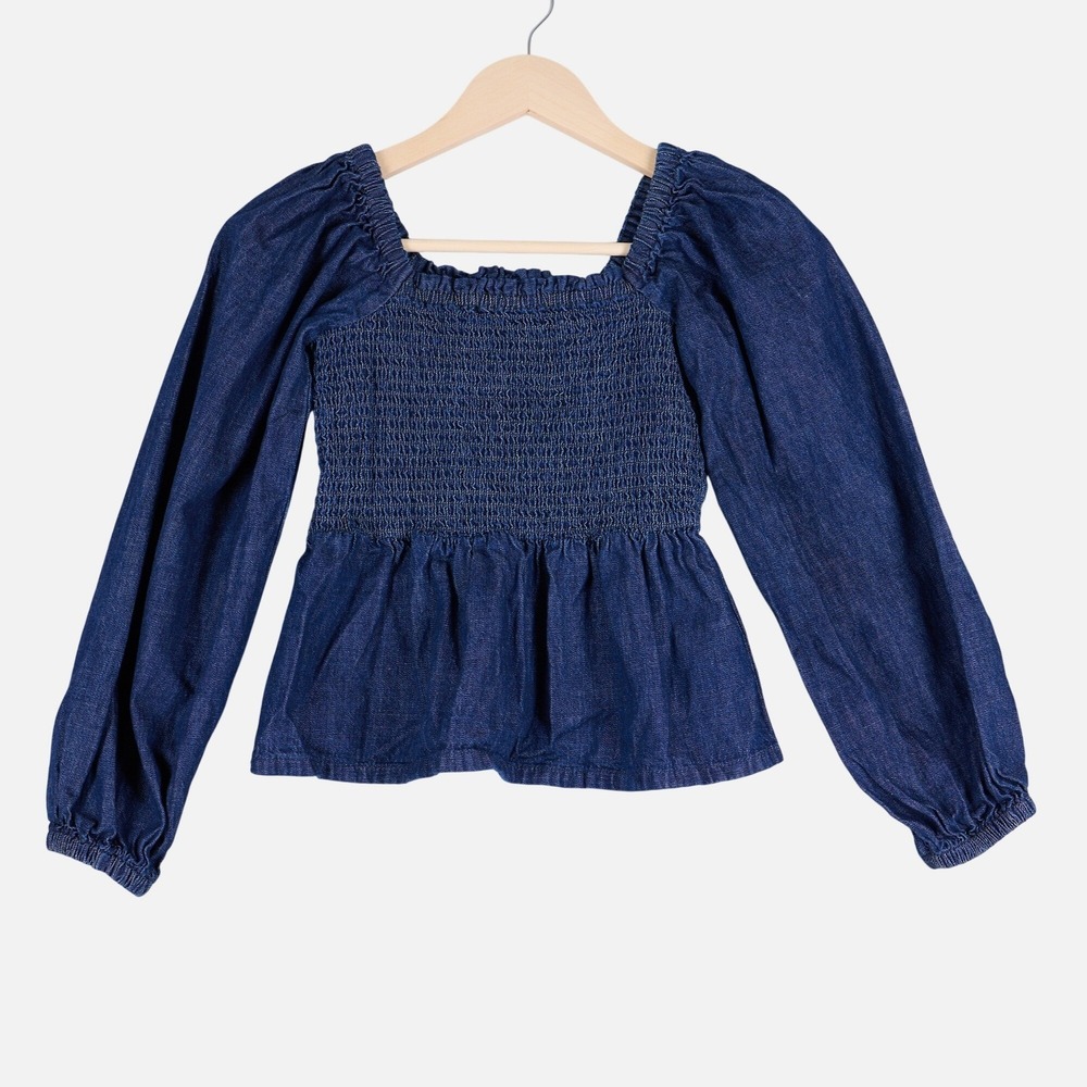 J.Crew Re-Imagined Dark Wash Denim Smocked Puff Sleeve Top XXS Blue Cotton